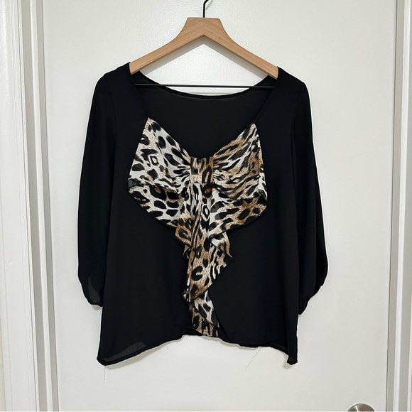 Brenda’S Tops - BRENDA’S | Chic Black Top with Leopard Print Bow‎